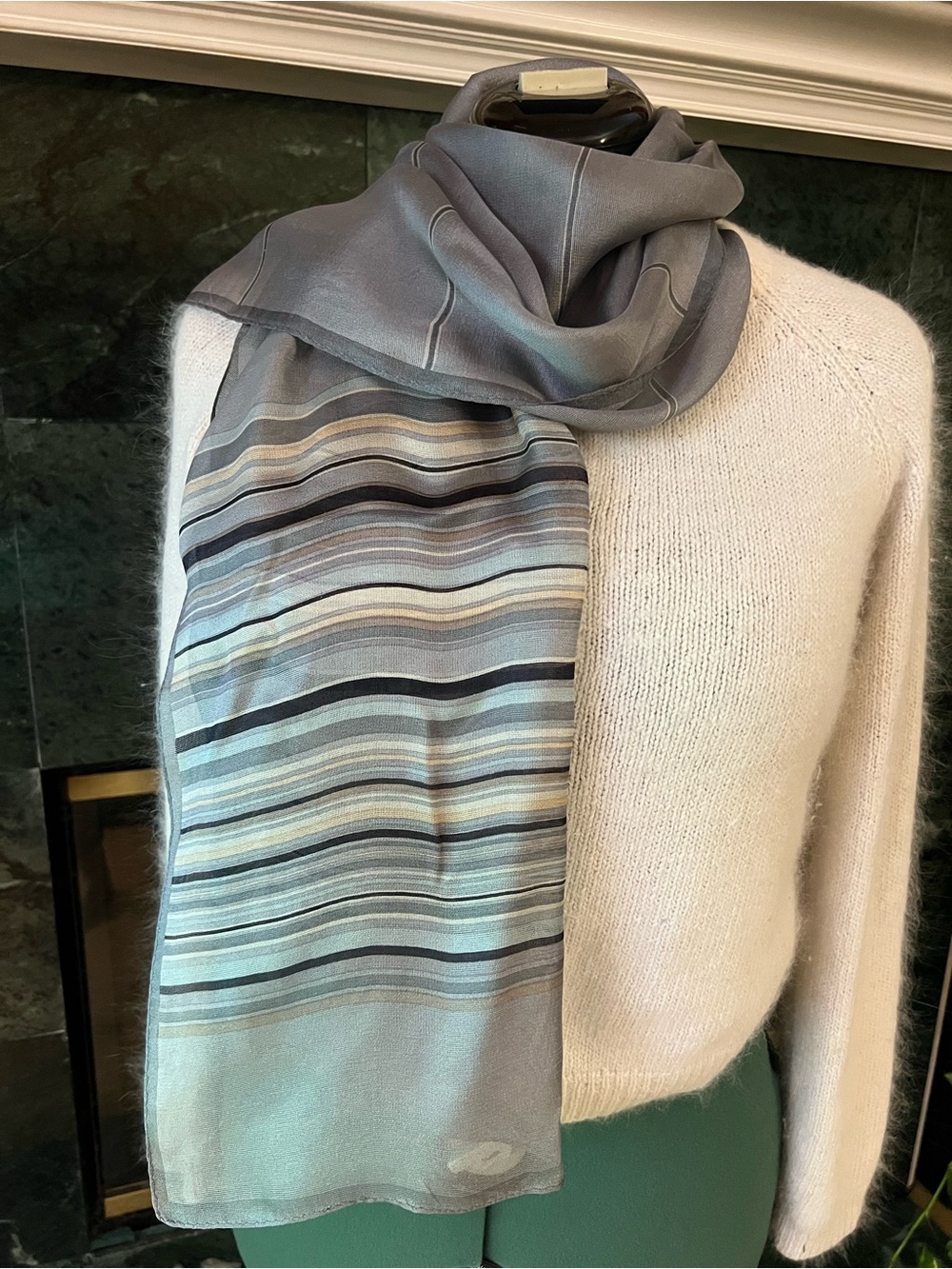 Paco Rabanne Paris Light Blue & Gray Striped Silk Scarf Oblong Shawl Wrap  VTG